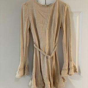 Chic Beige Long Sleeve Dress with Lace Trim